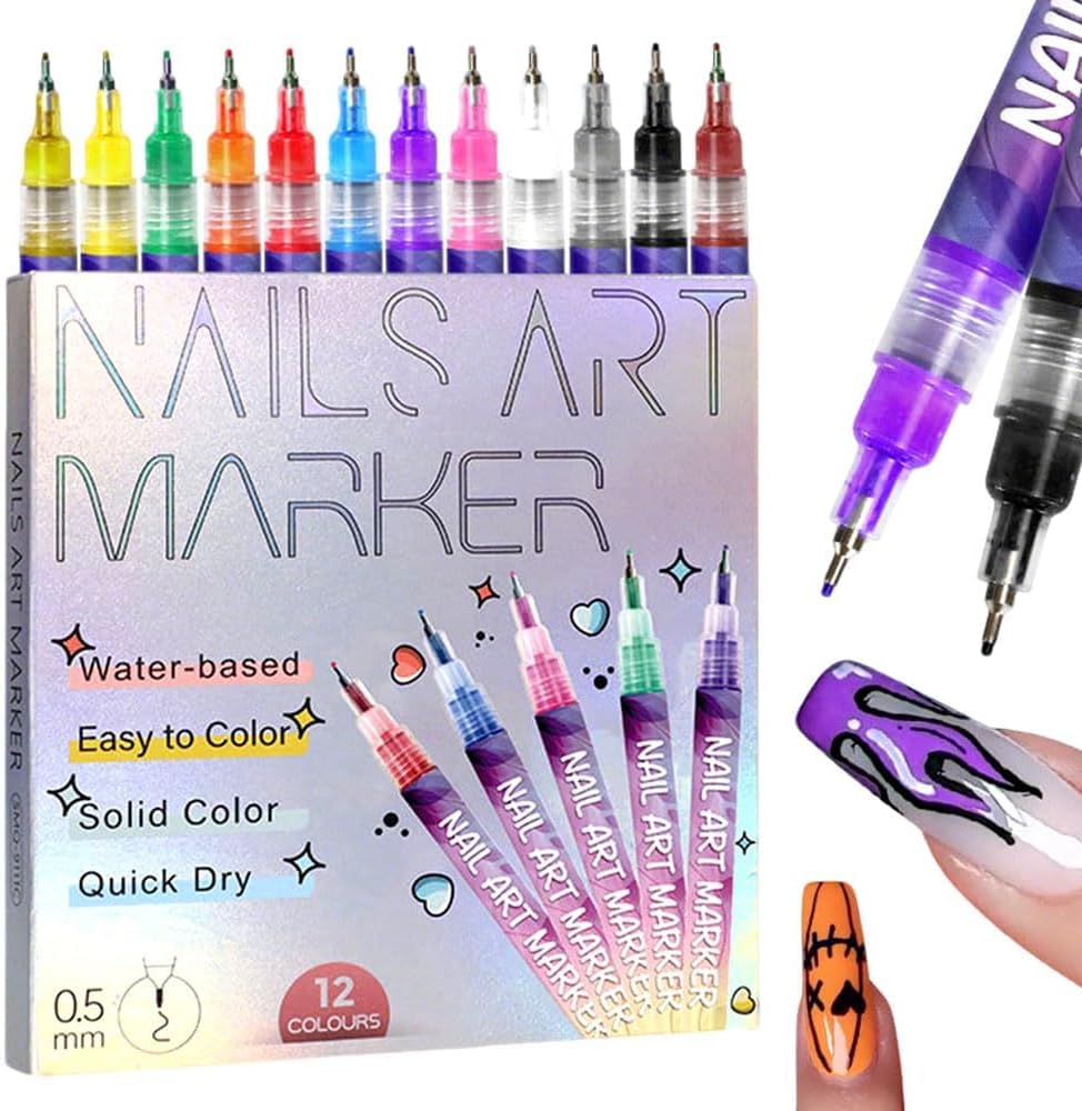 Nail Art Brush Set - Zestaw 12 kolorowych pisaków do zdobienia
