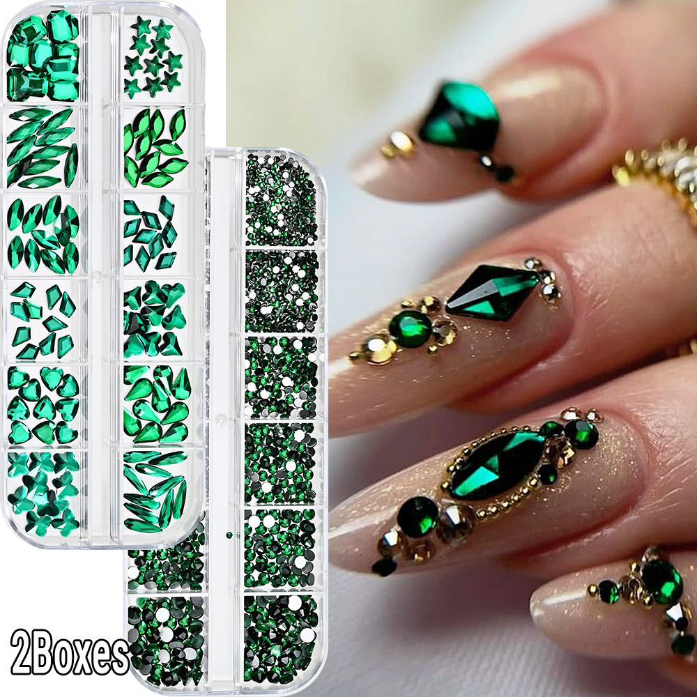 Nail Art Emerald Green - 2 pudełka zielonych kryształków do paznokci,